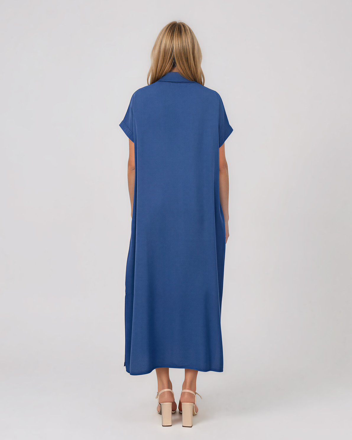 Rochie maxi tip cămașă din lyocell cu buzunare albastru HL160