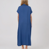 Rochie maxi tip cămașă din lyocell cu buzunare albastru HL160