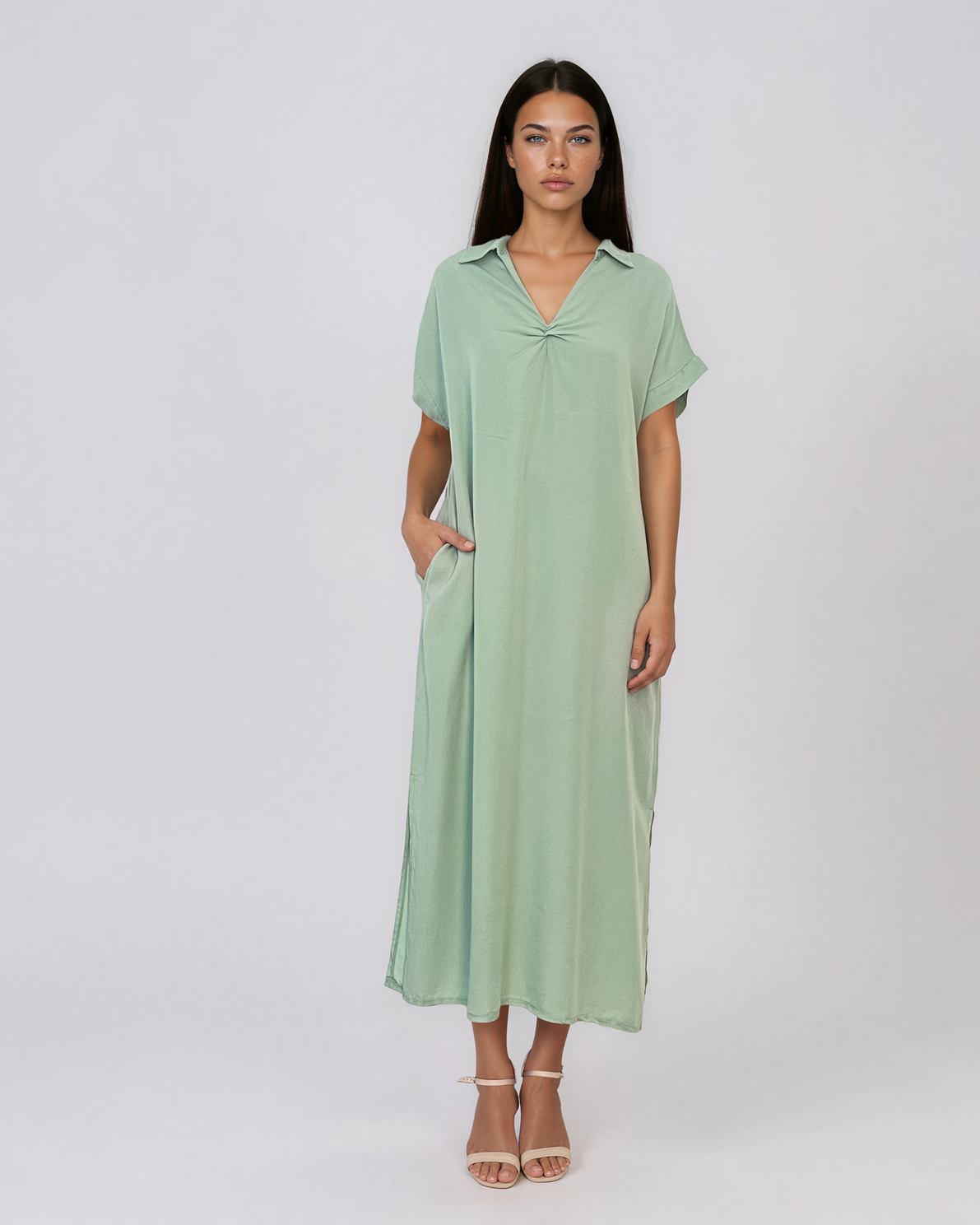 Rochie maxi tip cămașă din lyocell cu buzunare aqua HL160