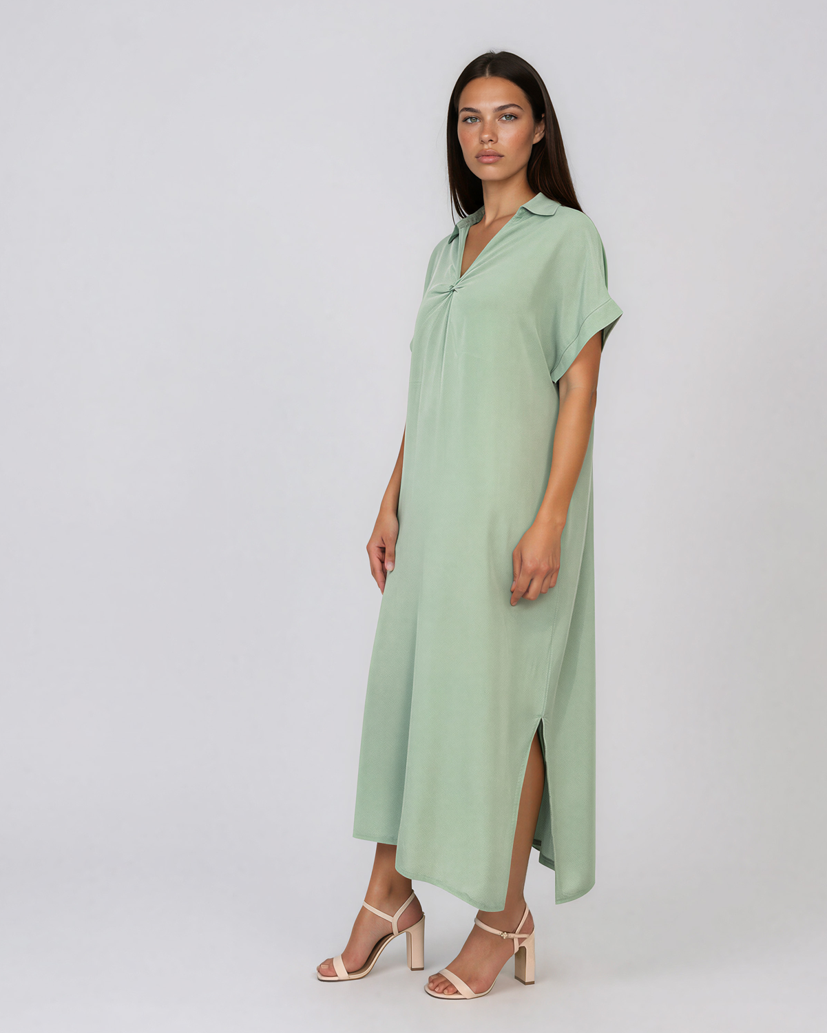 Rochie maxi tip cămașă din lyocell cu buzunare aqua HL160