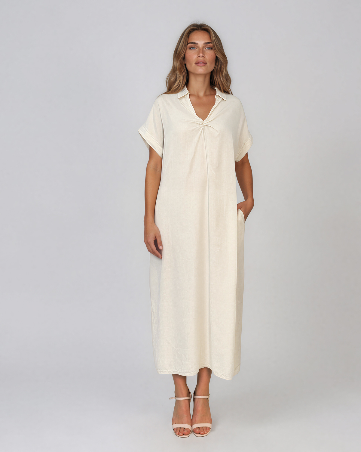 Rochie maxi tip cămașă din lyocell cu buzunare crem HL160
