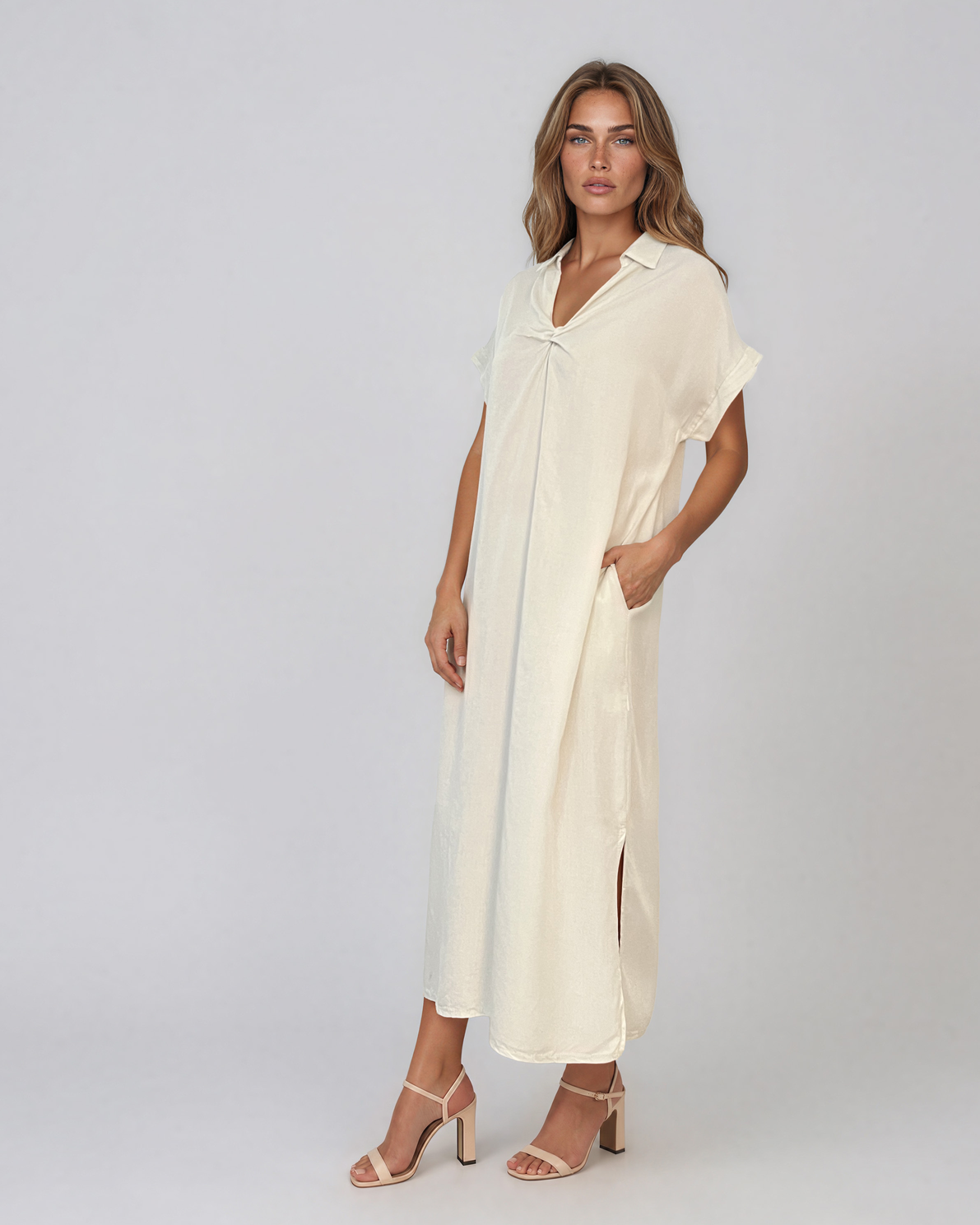 Rochie maxi tip cămașă din lyocell cu buzunare crem HL160