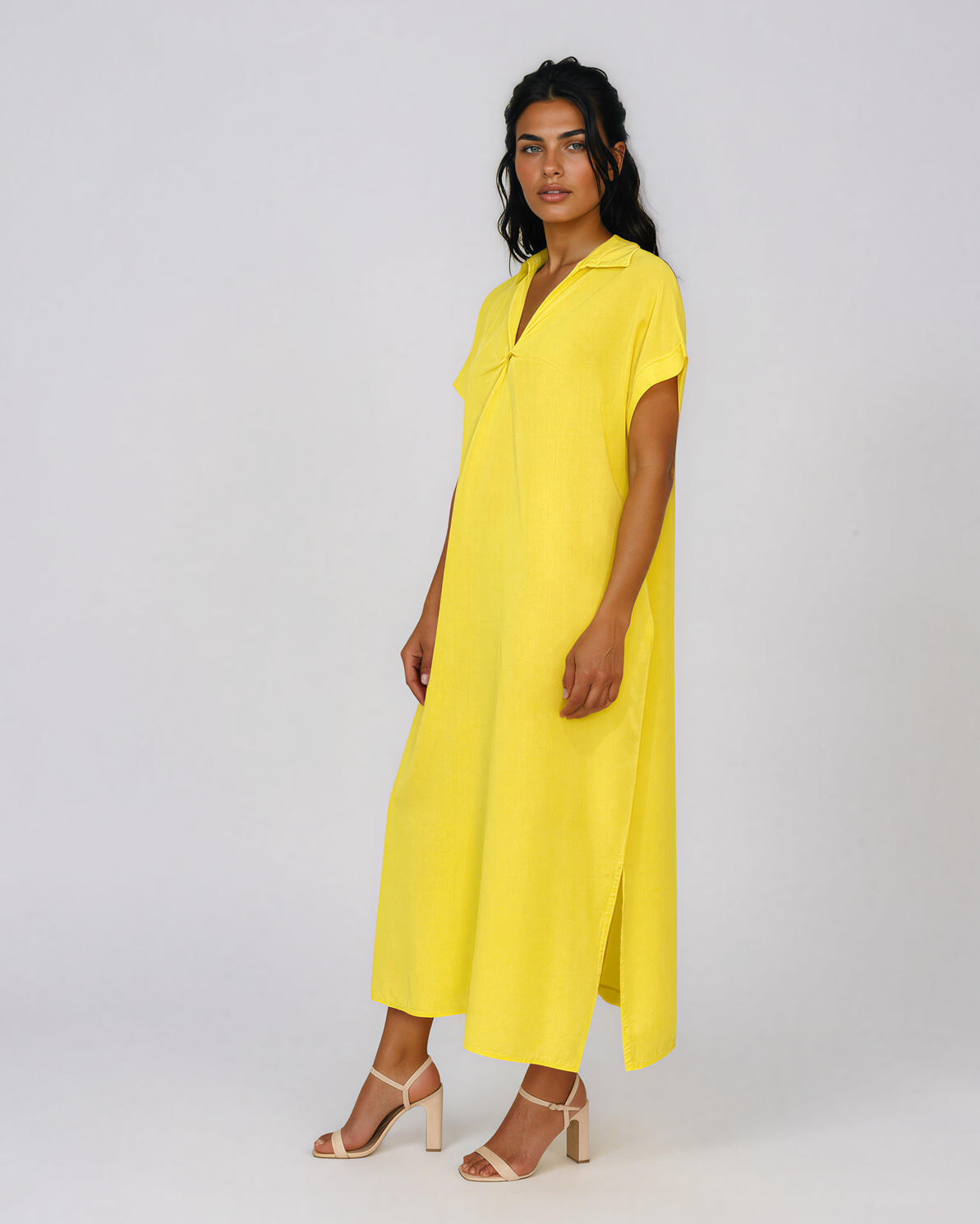 Rochie maxi tip cămașă din lyocell cu buzunare galben HL160
