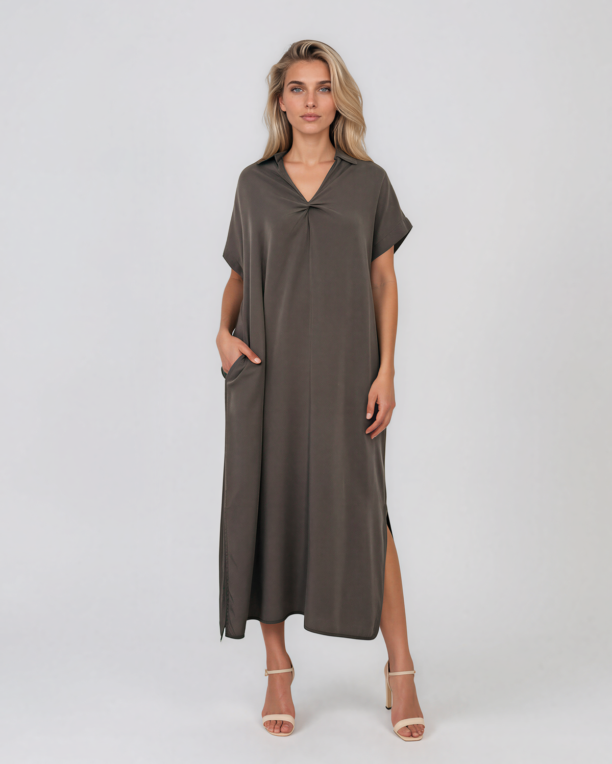 Rochie maxi tip cămașă din lyocell cu buzunare gri închis HL160