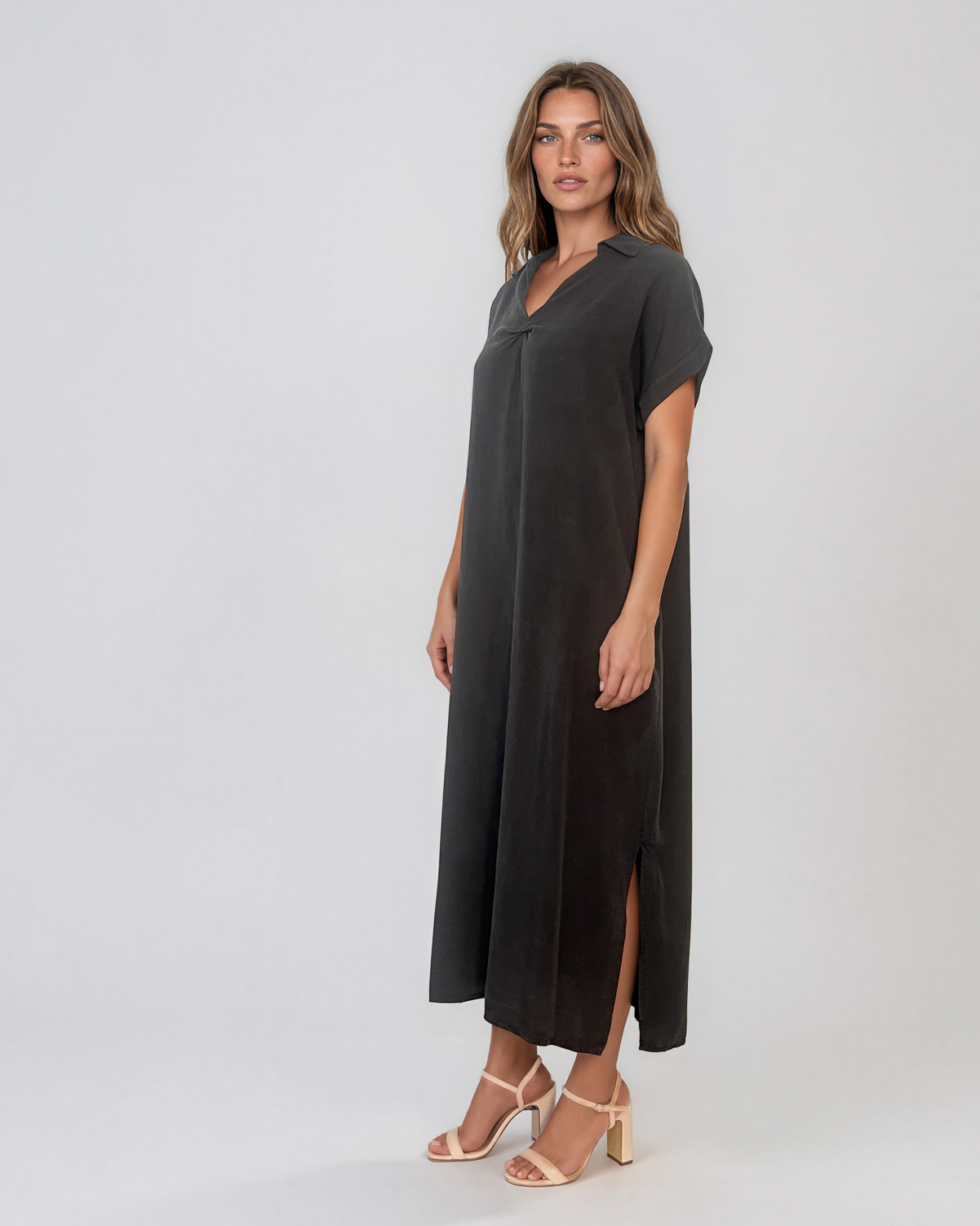 Rochie maxi tip cămașă din lyocell cu buzunare negru HL160