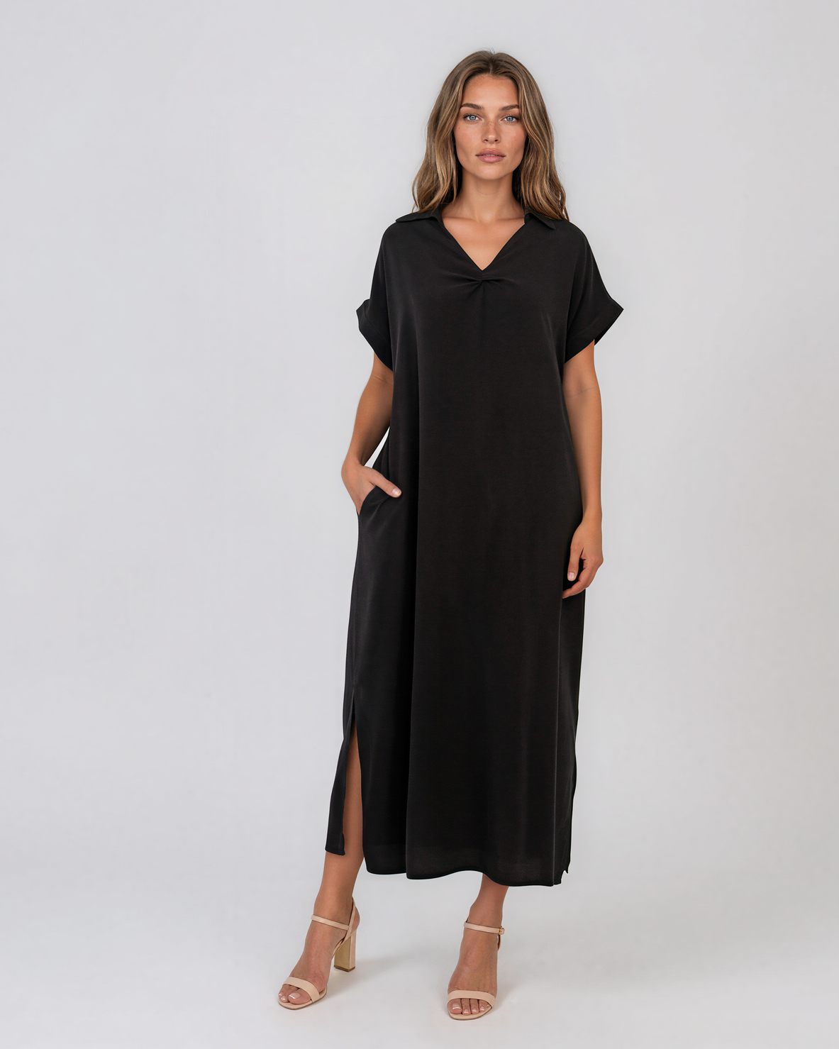 Rochie maxi tip cămașă din lyocell cu buzunare negru HL160