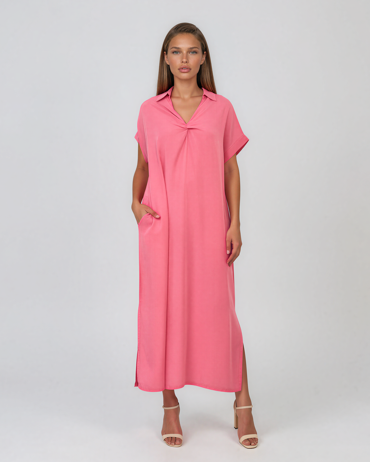 Rochie maxi tip cămașă din lyocell cu buzunare roz HL160
