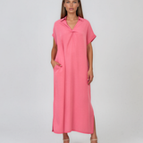 Rochie maxi tip cămașă din lyocell cu buzunare roz HL160