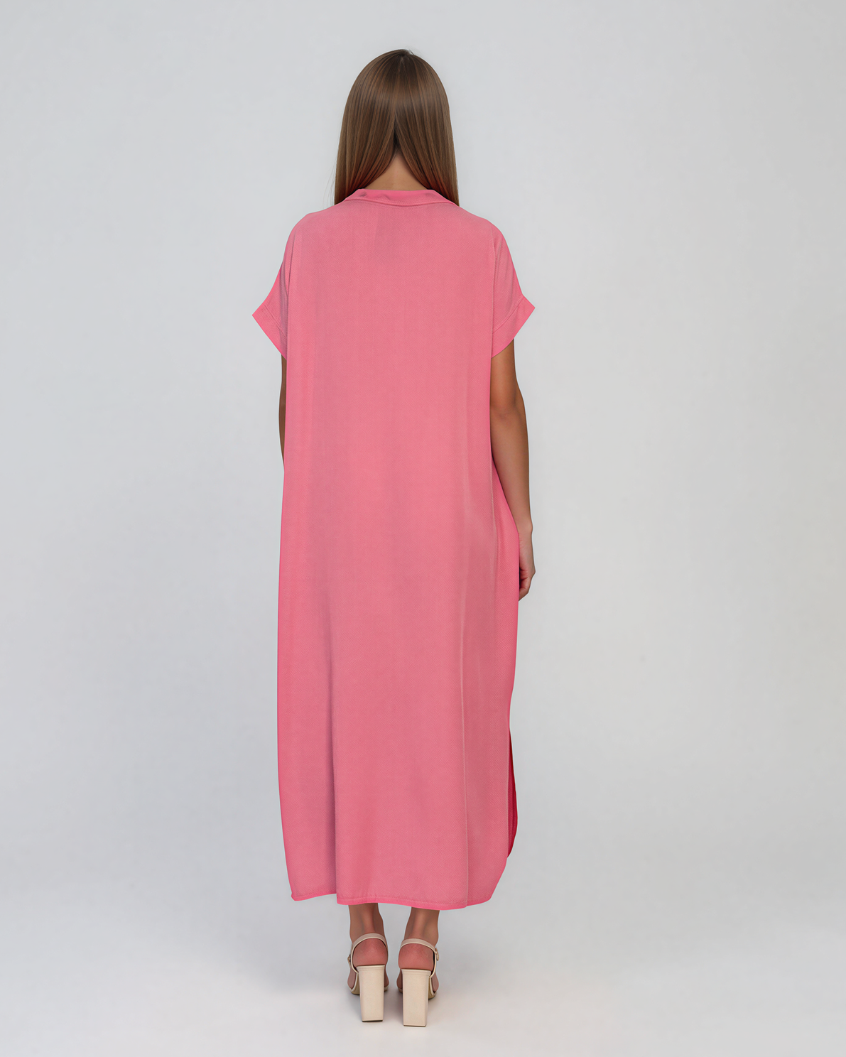 Rochie maxi tip cămașă din lyocell cu buzunare roz HL160