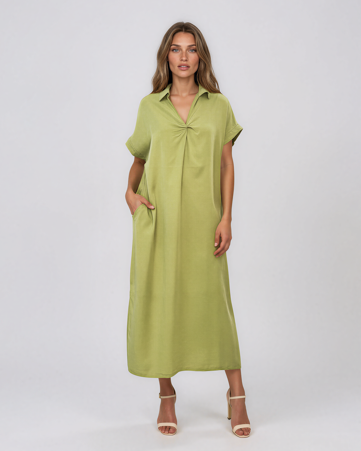 Rochie maxi tip cămașă din lyocell cu buzunare verde HL160