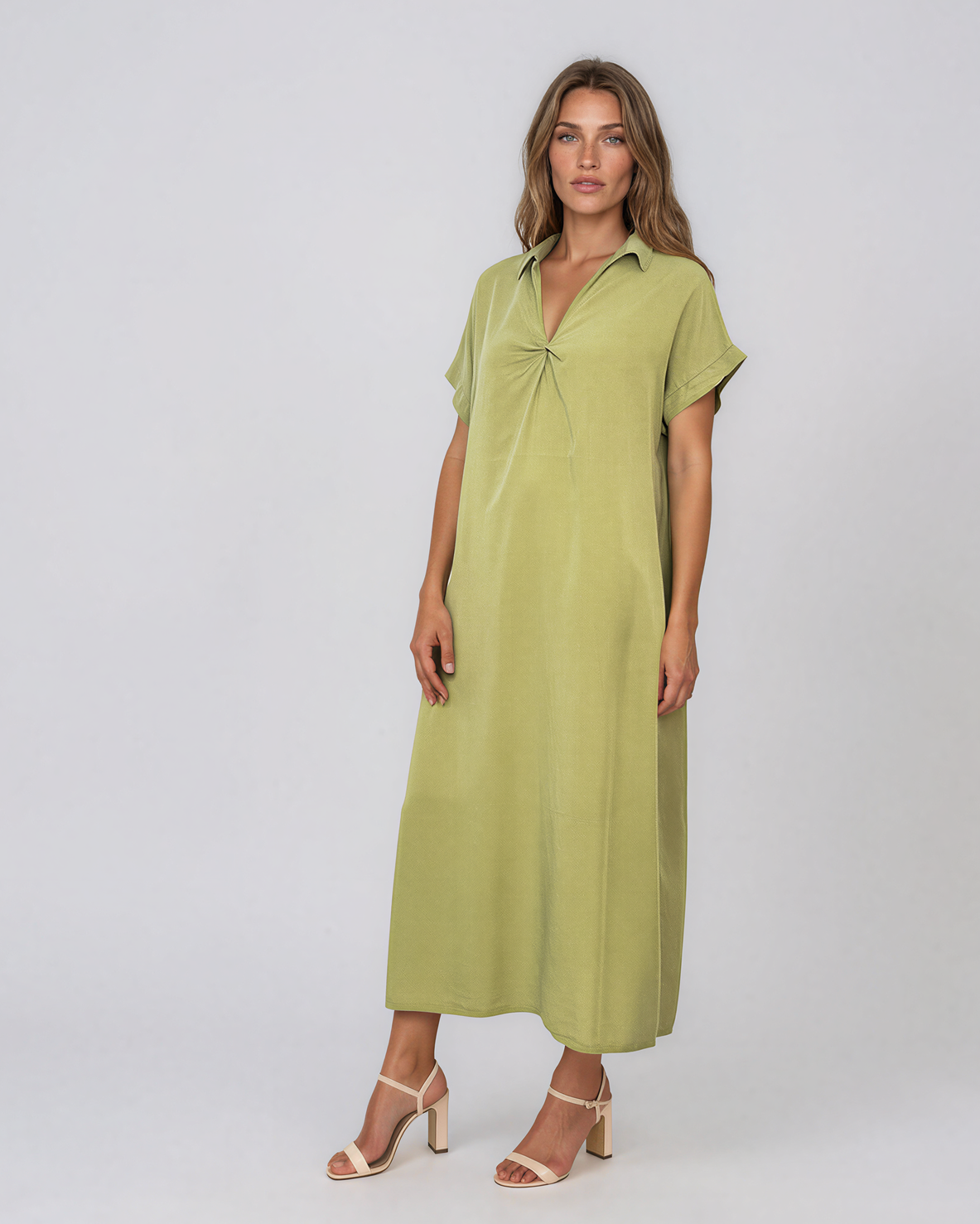 Rochie maxi tip cămașă din lyocell cu buzunare verde HL160
