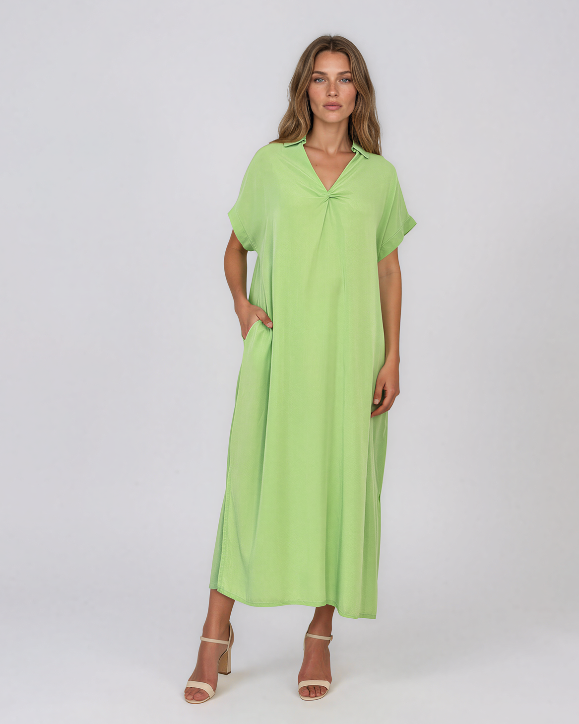 Rochie maxi tip cămașă din lyocell cu buzunare vernil HL160