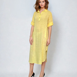 Rochie midi cămașă din in cu mânecă lungă și șlițuri laterale galben 