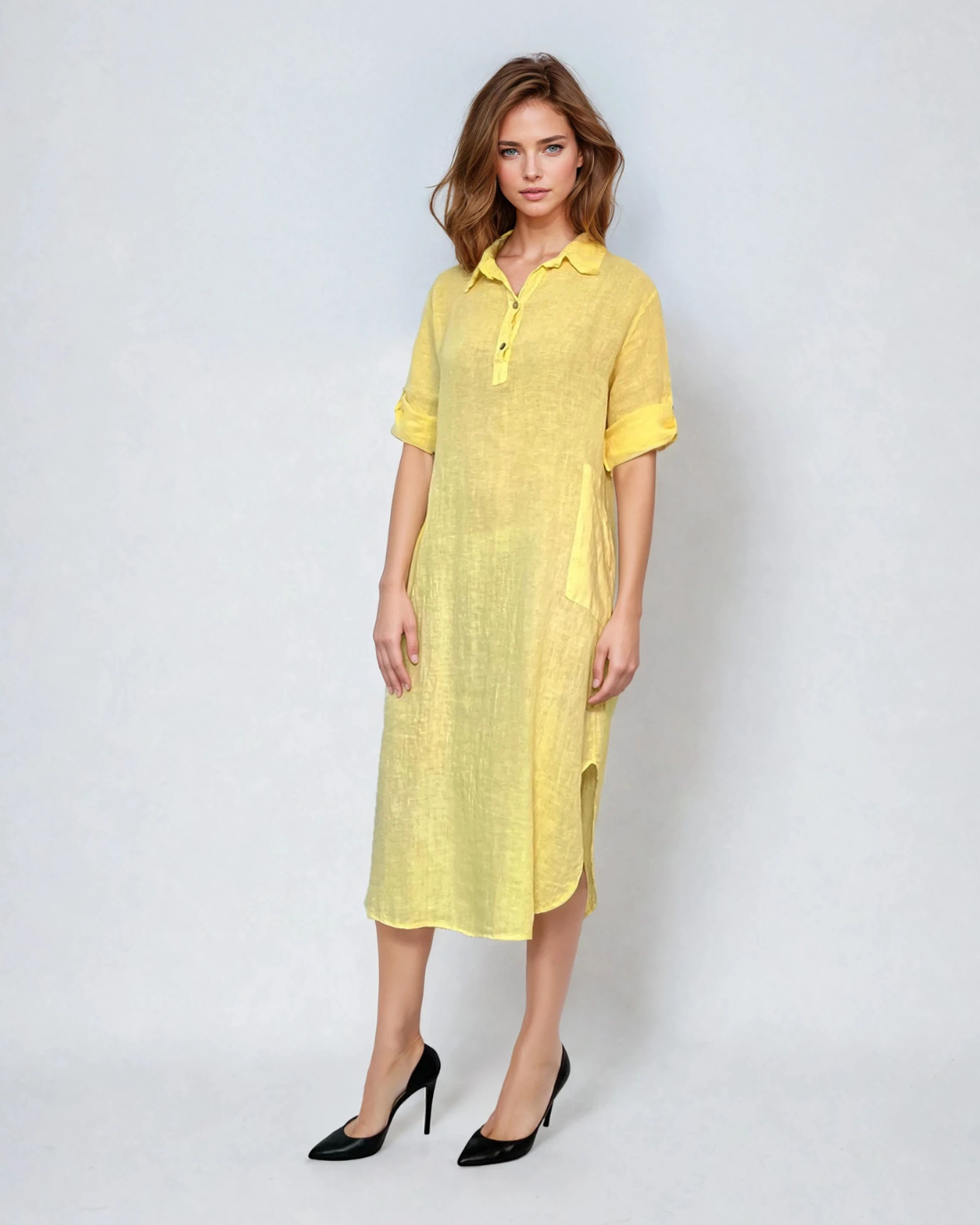 Rochie midi cămașă din in cu mânecă lungă și șlițuri laterale galben 