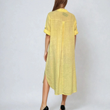 Rochie midi cămașă din in cu mânecă lungă și șlițuri laterale galben 