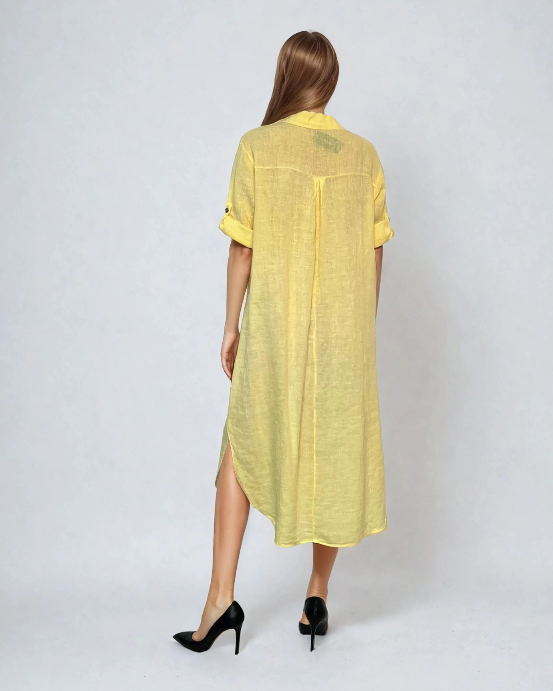 Rochie midi cămașă din in cu mânecă lungă și șlițuri laterale galben 