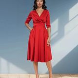 Rochie midi cu buzunare și mânecă 3/4 rosu 