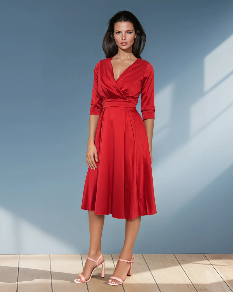 Rochie midi cu buzunare și mânecă 3/4 rosu 