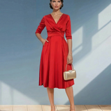 Rochie midi cu buzunare și mânecă 3/4 rosu 