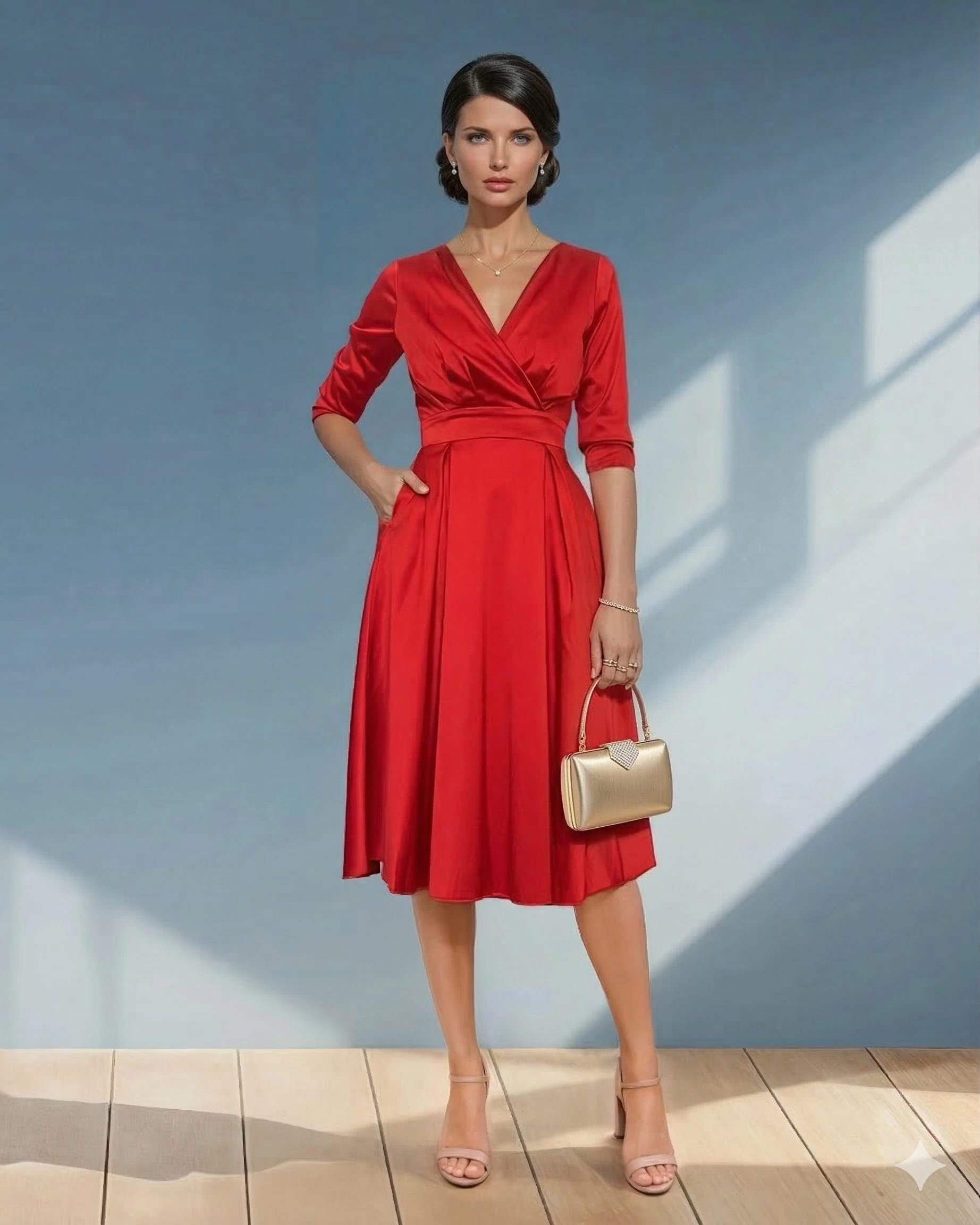 Rochie midi cu buzunare și mânecă 3/4 rosu 