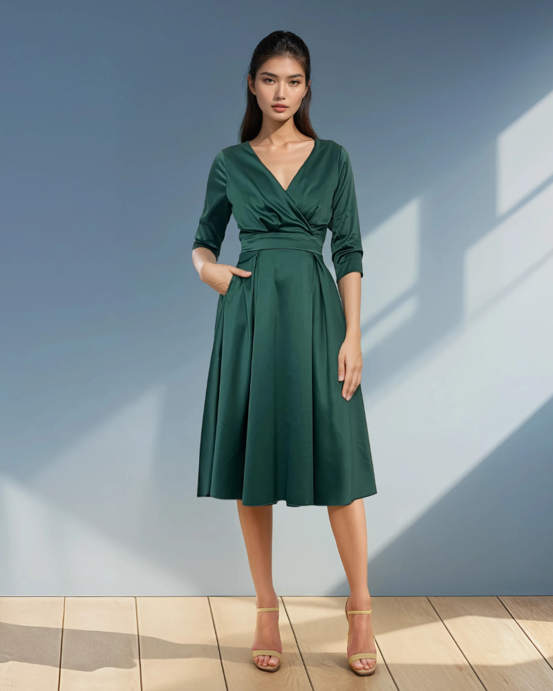 Rochie midi cu buzunare și mânecă 3/4 verde 