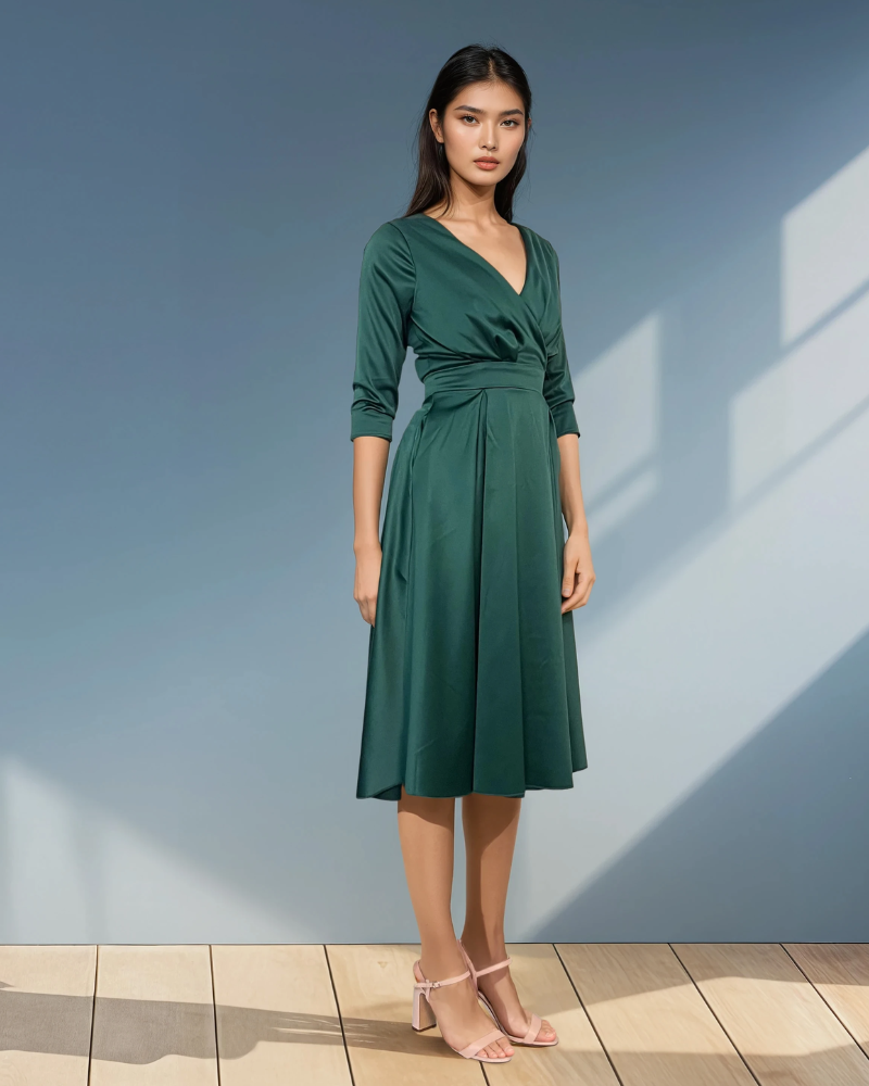 Rochie midi cu buzunare și mânecă 3/4 verde 