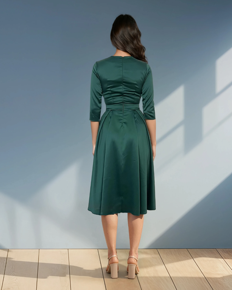 Rochie midi cu buzunare și mânecă 3/4 verde 