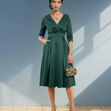 Rochie midi cu buzunare și mânecă 3/4 verde 