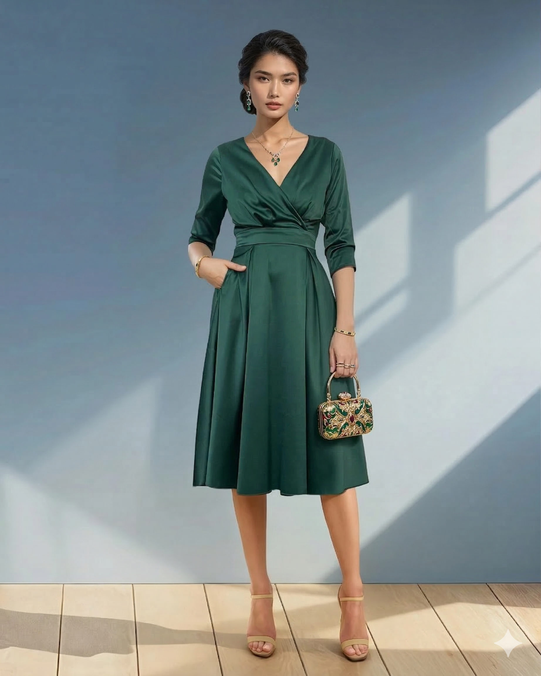 Rochie midi cu buzunare și mânecă 3/4 verde 