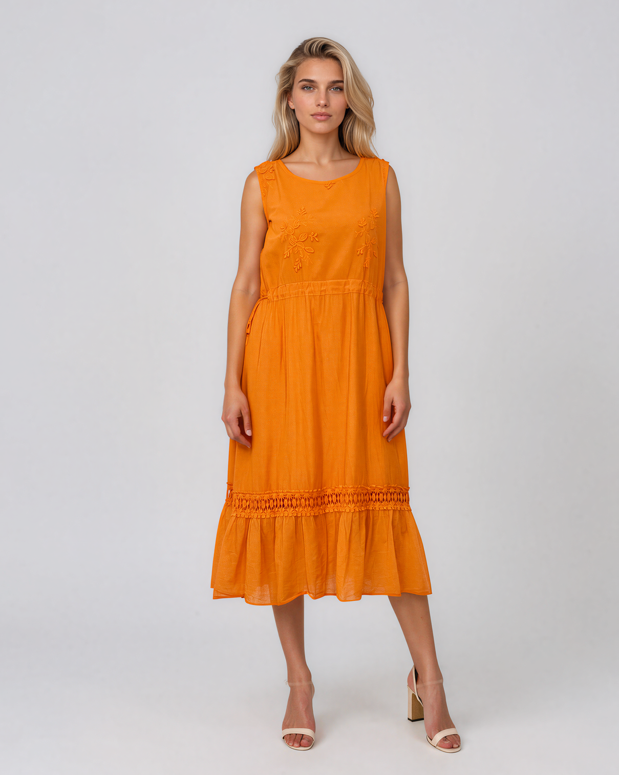 Rochie midi din bumbac cu broderie ajurată în talie portocaliu PN075