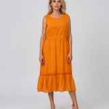 Rochie midi din bumbac cu broderie ajurată în talie portocaliu PN075
