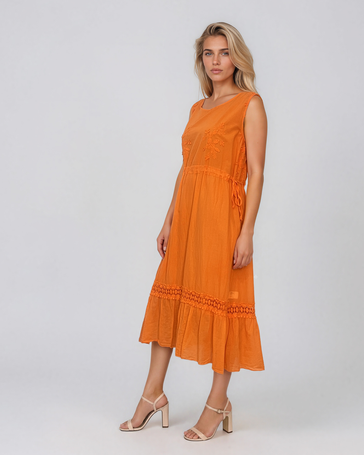 Rochie midi din bumbac cu broderie ajurată în talie portocaliu PN075