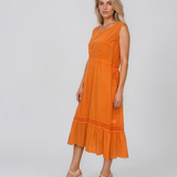 Rochie midi din bumbac cu broderie ajurată în talie portocaliu PN075