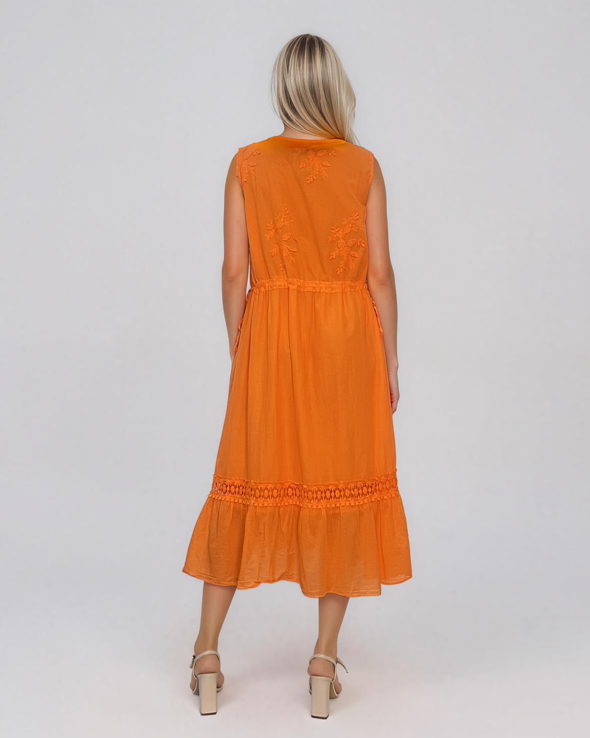 Rochie midi din bumbac cu broderie ajurată în talie portocaliu PN075