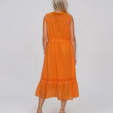 Rochie midi din bumbac cu broderie ajurată în talie portocaliu PN075