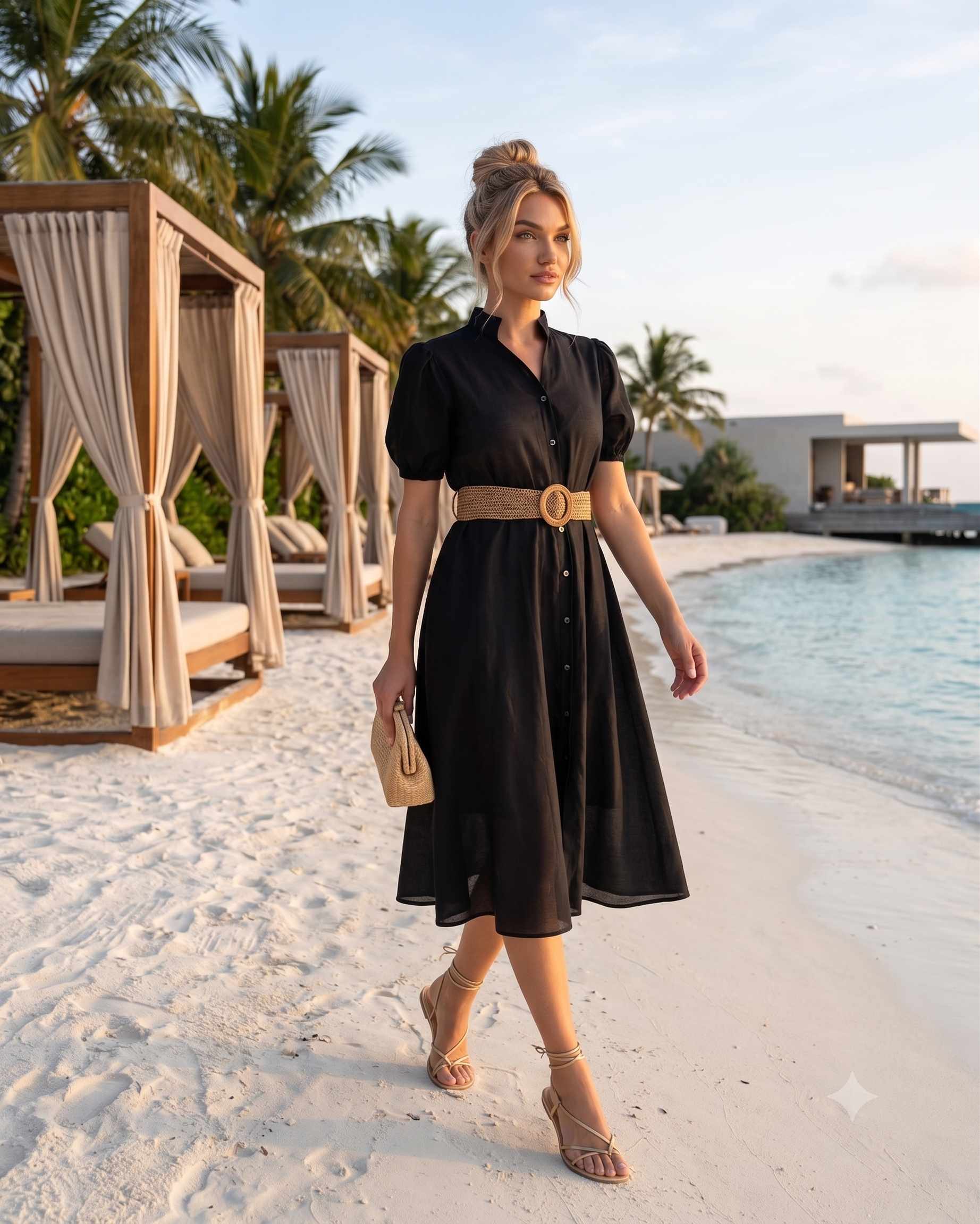 Rochie midi din bumbac cu centură în talie negru PR961