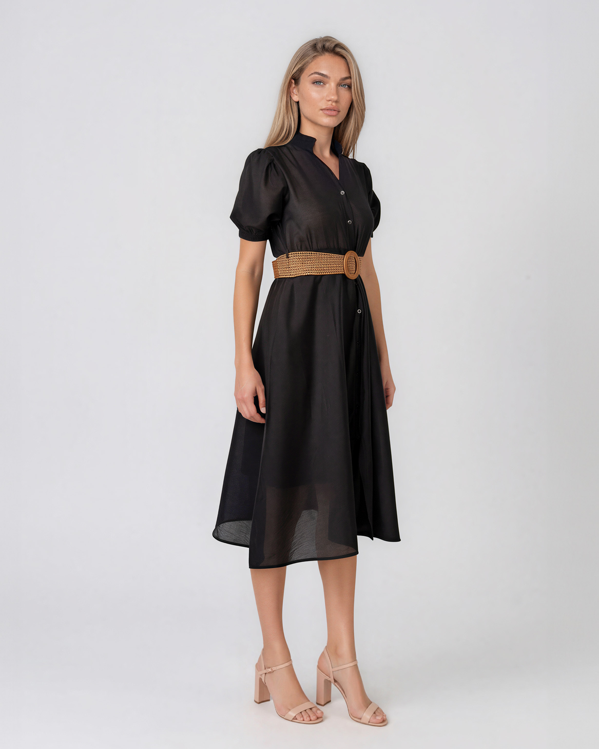 Rochie midi din bumbac cu centură în talie negru PR961