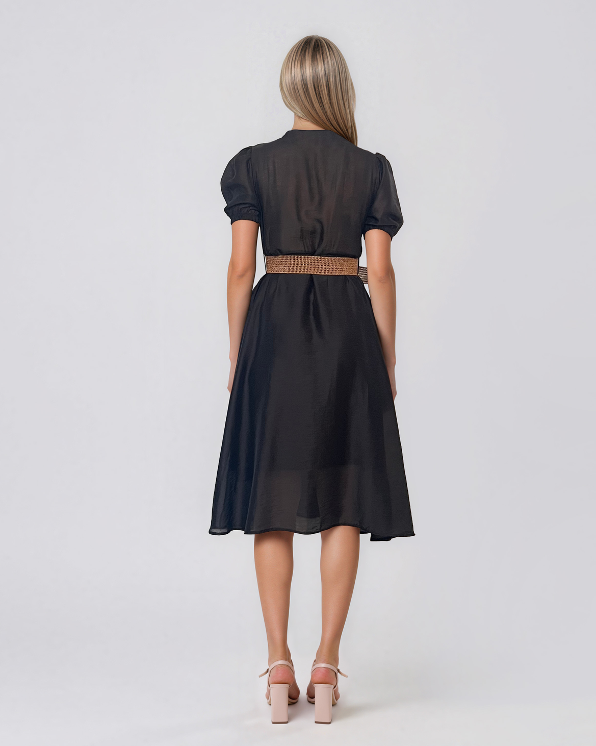 Rochie midi din bumbac cu centură în talie negru PR961
