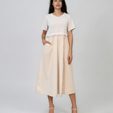 Rochie midi din bumbac cu nasturi laterali și buzunar crem PR968