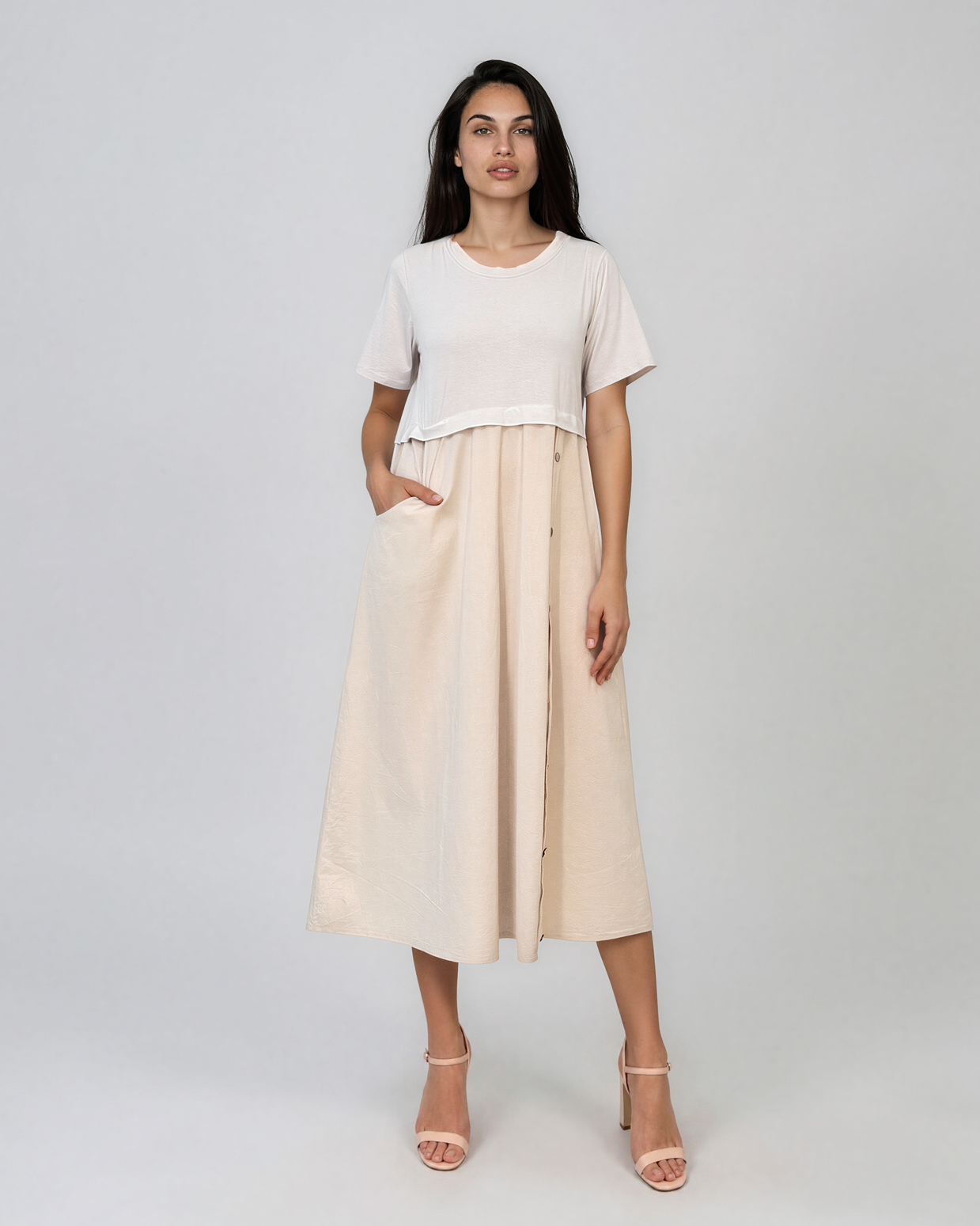 Rochie midi din bumbac cu nasturi laterali și buzunar crem PR968