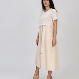 Rochie midi din bumbac cu nasturi laterali și buzunar crem PR968