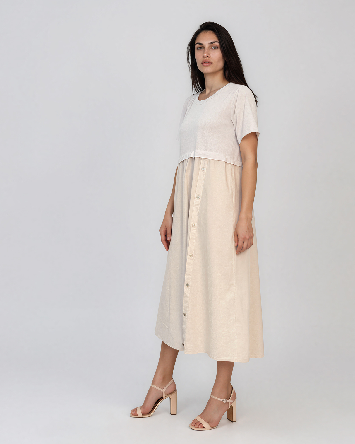 Rochie midi din bumbac cu nasturi laterali și buzunar crem PR968