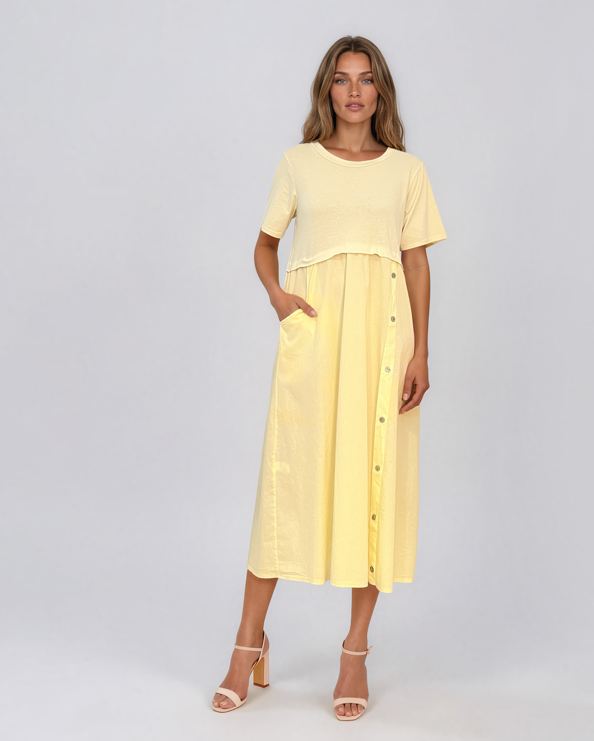 Rochie midi din bumbac cu nasturi laterali și buzunar galben PR968