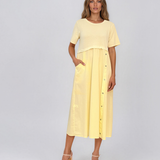 Rochie midi din bumbac cu nasturi laterali și buzunar galben PR968