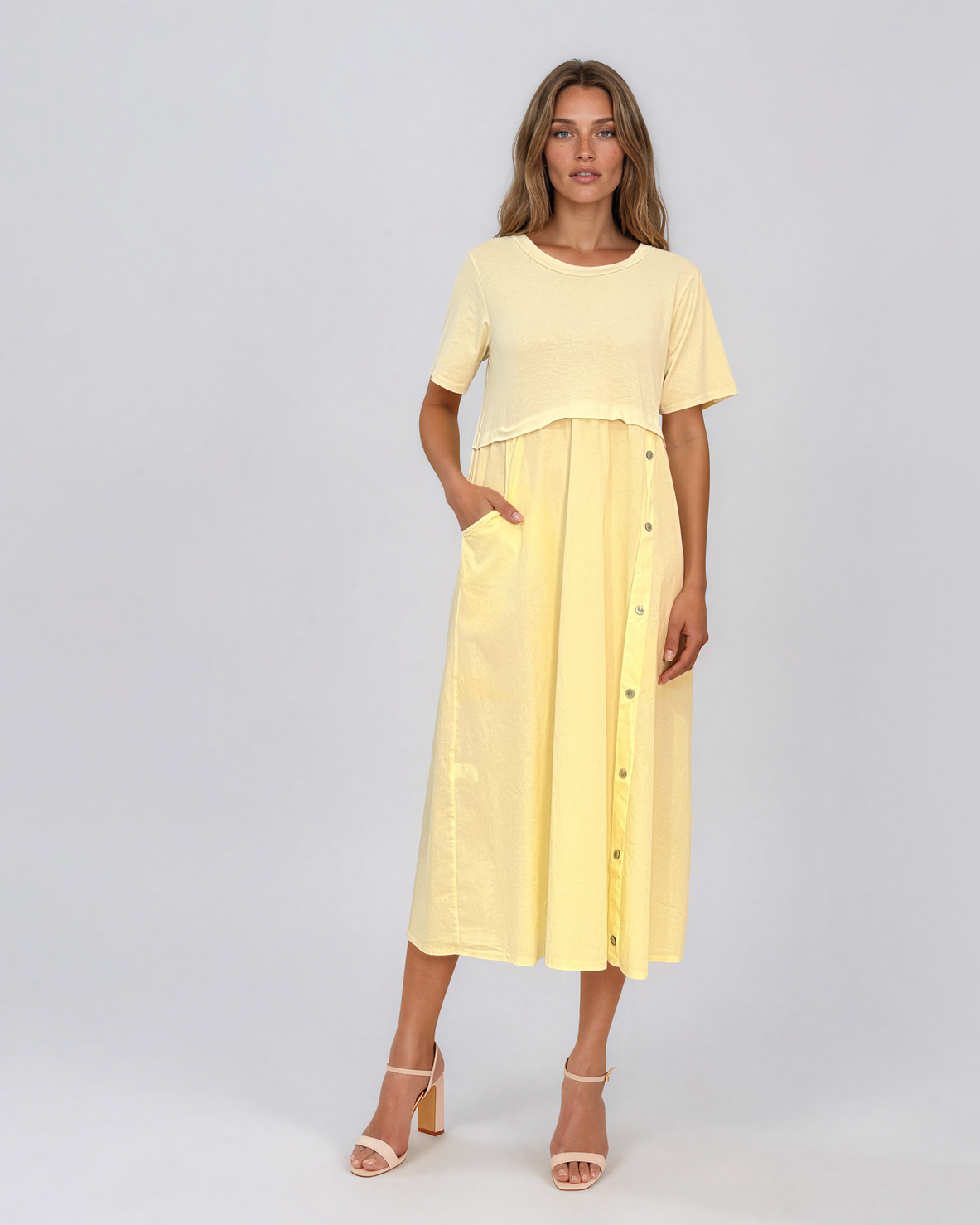 Rochie midi din bumbac cu nasturi laterali și buzunar galben PR968