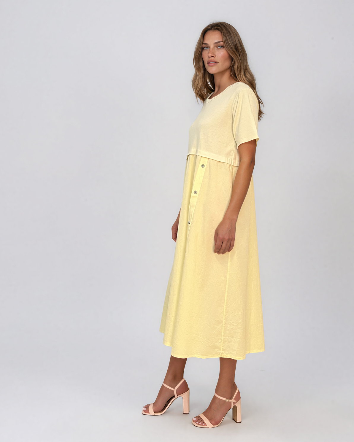 Rochie midi din bumbac cu nasturi laterali și buzunar galben PR968