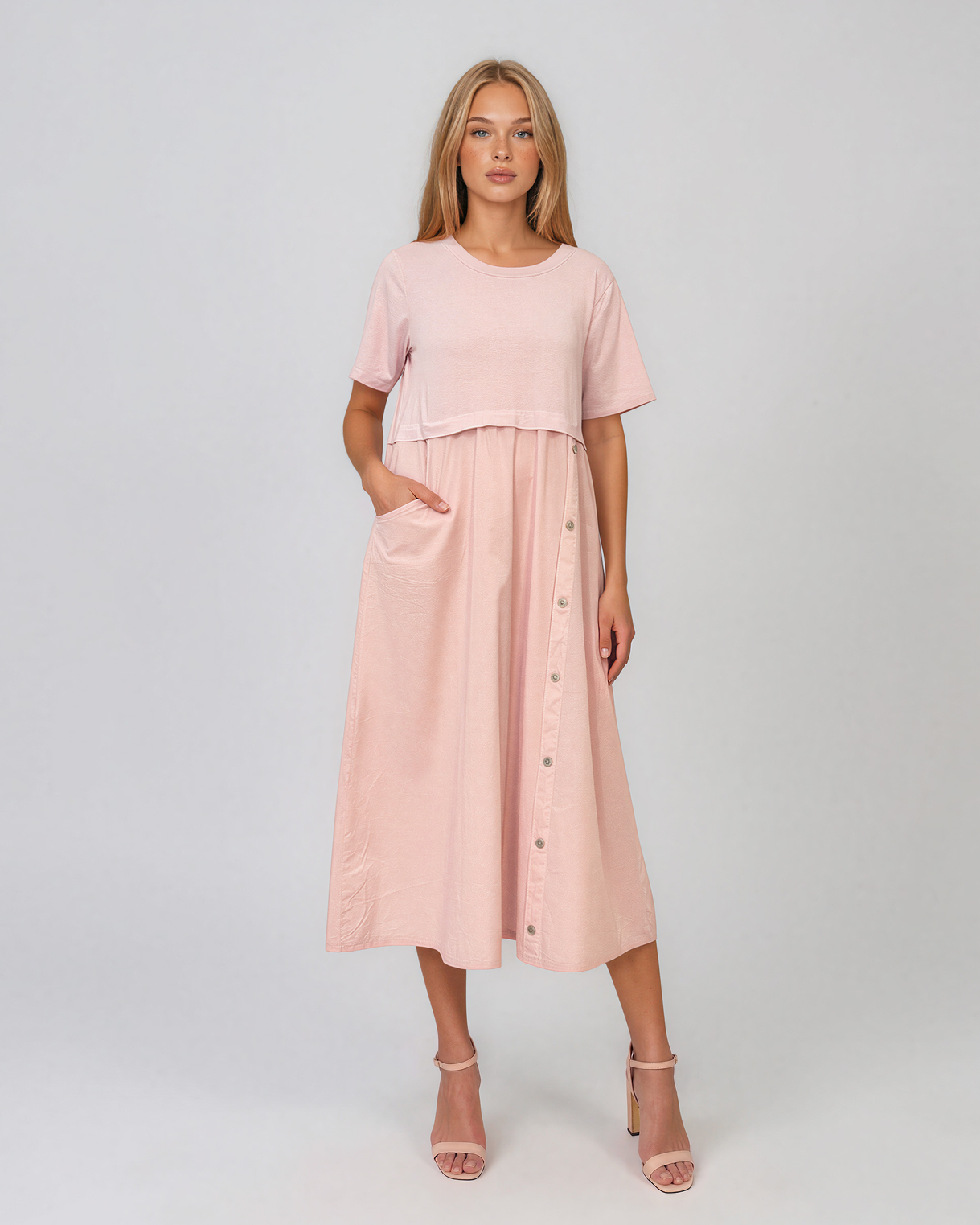 Rochie midi din bumbac cu nasturi laterali și buzunar roz PR968