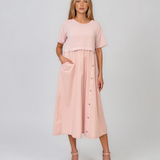 Rochie midi din bumbac cu nasturi laterali și buzunar roz PR968