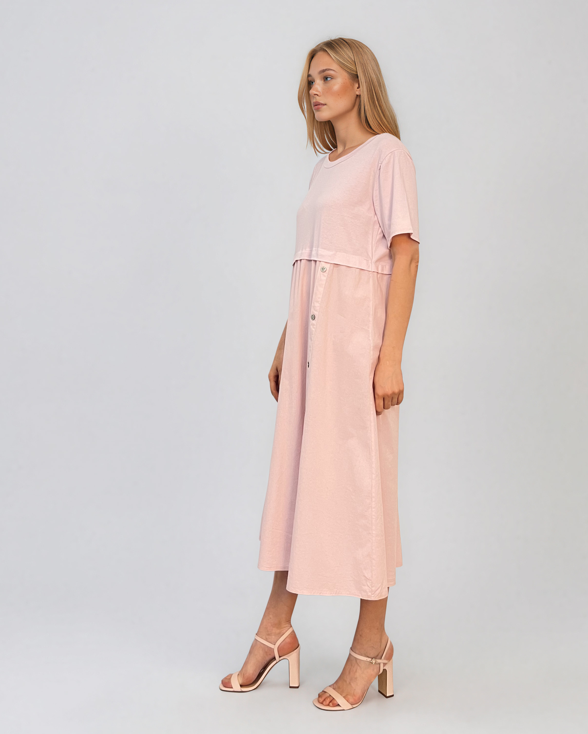 Rochie midi din bumbac cu nasturi laterali și buzunar roz PR968