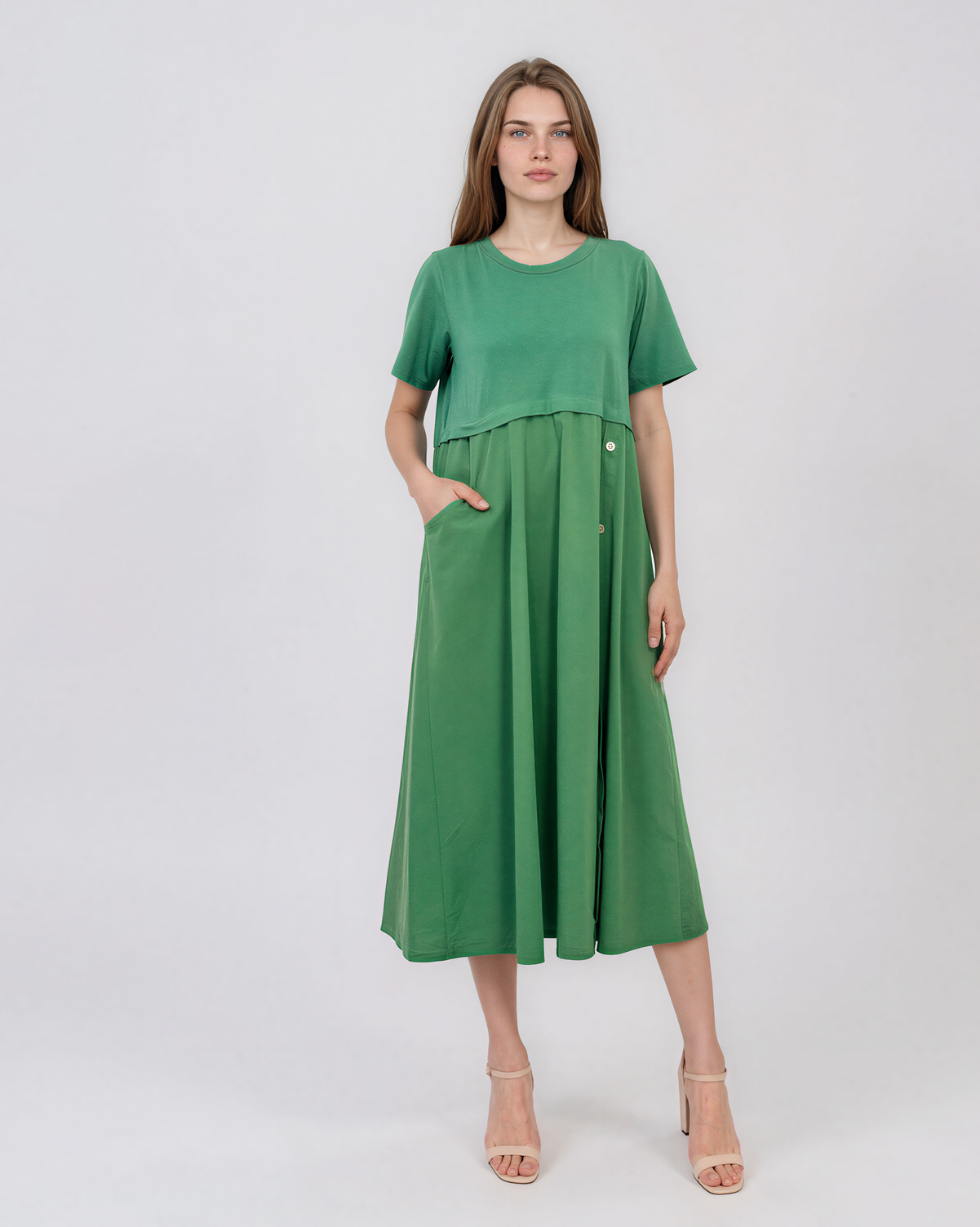 Rochie midi din bumbac cu nasturi laterali și buzunar verde PR968